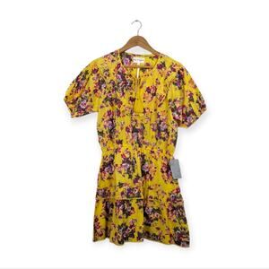 NWT Maisie Yellow Puff Sleeve Tie Neck Floral Mini Cotton Dress Size L